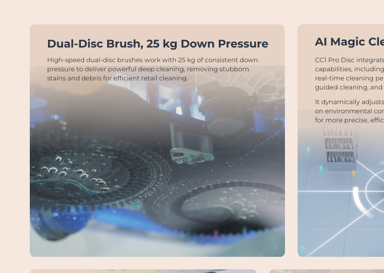 PUDU CC1 Pro Disc dual-disc brush system applying 25 kilograms of down pressure