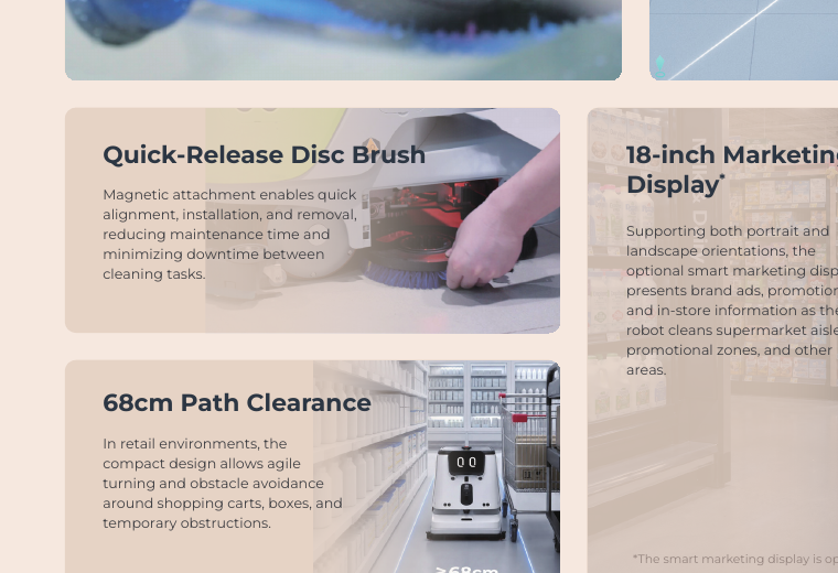 CC1 Pro Disc quick-release brush, narrow aisle mobility, and optional marketing display
